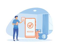 Man pays successfully and safely. Online mobile payment and banking service.  flat vector modern illustration