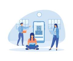 Online Payment concept. People use smart phone and scan QR code for payment and everything.  flat vector modern illustration