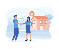 Man buying property with mortgage, man and woman shaking hands receiving bank approval. flat vector modern illustration