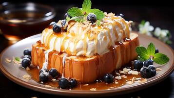 AI generated aramel cake with caramel and nuts on a brown plate on a wooden background. photo