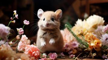 AI generated Hamster on the background of a bouquet of flowers. photo