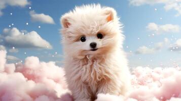 ai generado linda pomeranio perrito sentado en un nube con cielo antecedentes. foto