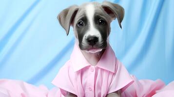 AI generated Cute puppy with pink shirt on blue background. photo