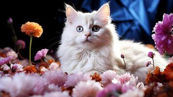 AI generated White cat with blue eyes and flowers on a black background. photo