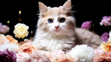 AI generated Cute cat with flowers on black background, closeup. Fluffy pet. photo