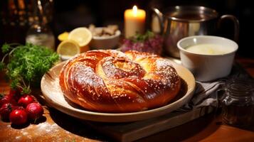 AI generated Freshly baked bread on a wooden board with wheat and flour. photo