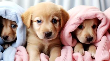 AI generated Cute little puppies with towels on bed at home. photo