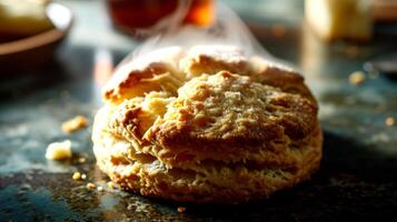 AI generated A stack of homemade scones on a plate and a mug of tea. photo