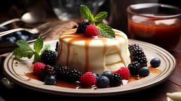 AI generated Panna cotta with caramel sauce and fresh berries on a plate. photo