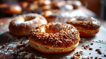 AI generated Freshly baked bagels with sesame seeds on a wooden table. photo