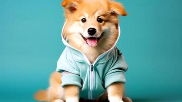 AI generated Funny dog in hoodie on blue background. photo