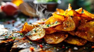 AI generated Fried potato wedges with herbs and spices on a wooden table. photo