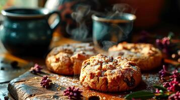 AI generated Homemade oatmeal cookies with raisins. photo