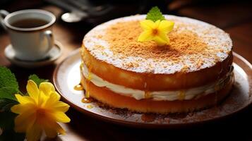 ai generado tarta de queso con caramelo en un mesa. foto