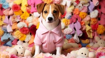 ai generado un linda perro en rosado ropa en el antecedentes de un flor pared. foto