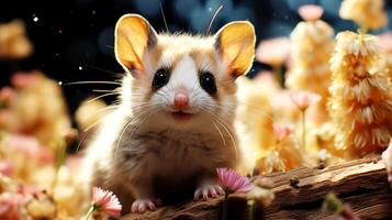 AI generated Cute little mouse on flowers background, close up. Pet animals. photo