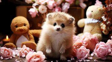 AI generated Cute little hedgehog with flowers on dark background. photo