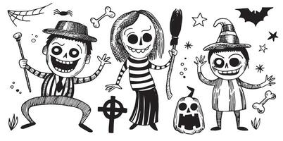 set of characters for Halloween in vintage style, sketch. cute scary witches, zombies and pumpkins, engraving vector