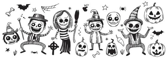 set of characters for Halloween in vintage style, sketch. cute scary witches, zombies and pumpkins, engraving vector