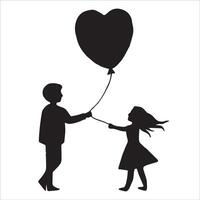 silueta de un Pareja en amar, un chico y un niña con un globo corazón. San Valentín día, amar, relaciones vector