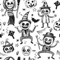 seamless pattern for Halloween in vintage style, sketch. cute scary witches, zombies and pumpkins, engraving vector