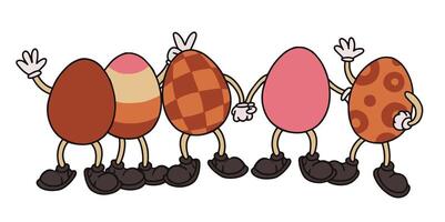 cartoon illustration in groovy, retro style. funny characters easter eggs. rubber house vector