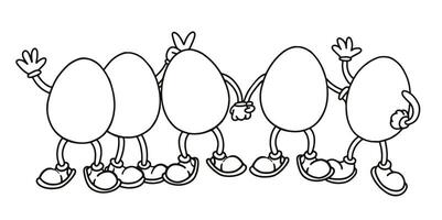 cartoon illustration in groovy, retro style. funny characters easter eggs. rubber house vector