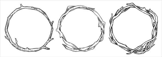 set of round wreaths made of tree branches, sketch, outline. dry winter branches without leaves. vector