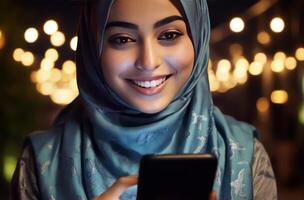 ai generado contento musulmán mujer en hijab utilizando teléfono inteligente a noche foto