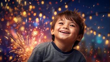 ai generado un niño maravillas a el deslumbrante monitor de fuegos artificiales esclarecedor el noche cielo foto