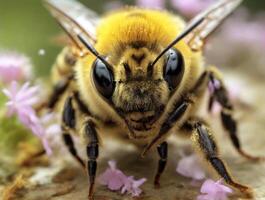 ai generado cerca arriba de un abeja en medio de delicado rosado flores foto