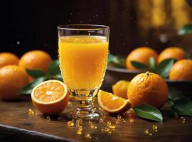 AI generated fresh oranges and a glass of juice on a table photo