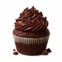 AI generated chocolate cupcake with creamy frosting and chocolate chip garnish, isolated on a white background photo