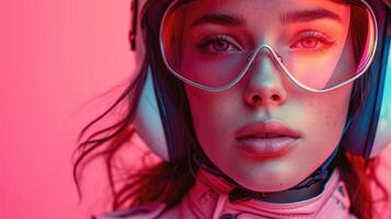 ai generado De las mujeres hacia el espacio estilo futurista chaquetas y cascos, adecuado para revista cubiertas, fondos de pantalla, sitios web, y anuncios foto