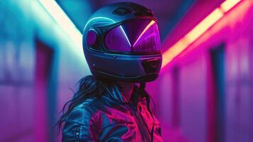 AI generated Futuristic Women Jackets, Helmets, and Space Styles, suitable for magazine covers, wallpapers, websites, and advertisements. photo