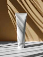 AI generated Blank skincare tube with plant on minimalist background photo