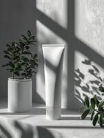 AI generated Blank skincare tube with plant on minimalist background photo