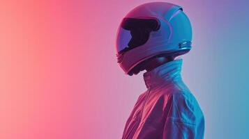 AI generated Women's Futuristic Fashion Jackets and Helmets in Space, suitable for magazine covers, wallpapers, websites, and advertisements. photo