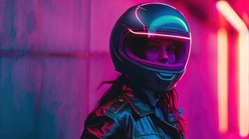 ai generado chaquetas y cascos mujer abrazando espacio futurismo, adecuado para revista cubiertas, fondos de pantalla, sitios web, y anuncios foto