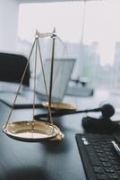 Group of experienced attorneys and lawyers giving consultation to client, helping with difficult lawsuit, explaining legal procedures and discussing agreement terms. Law services and support concept photo