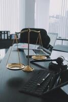 Group of experienced attorneys and lawyers giving consultation to client, helping with difficult lawsuit, explaining legal procedures and discussing agreement terms. Law services and support concept photo