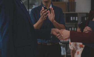 Business handshake for teamwork of business merger and acquisition,successful negotiate,hand shake,two businessman shake hand with partner to celebration partnership and business deal concept photo