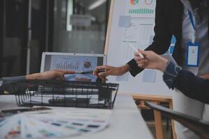 Close up ux developer and ui designer use augmented reality brainstorming about mobile app interface wireframe design on desk at modern office.Creative digital development agency photo