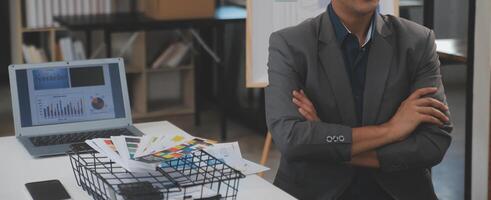 Close up ux developer and ui designer use augmented reality brainstorming about mobile app interface wireframe design on desk at modern office.Creative digital development agency photo