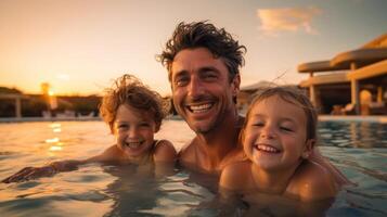 ai generado fotografía de padre y niños junto a la piscina foto