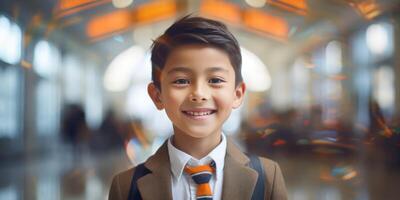 ai generado capturar el felicidad de un pequeño colegial sonrisa foto