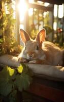 AI generated Bunny Stretching in Sunlit Coziness photo