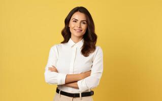 AI generated confident businesswoman with crossed arm isolated in yellow background photo
