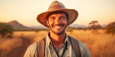 ai generado el hombre encarna el esencia de aventuras en su atuendo y sombrero, turista concepto foto