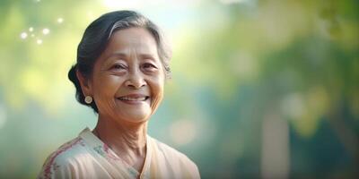 AI generated The friendly smile of a wise elderly Asian lady photo